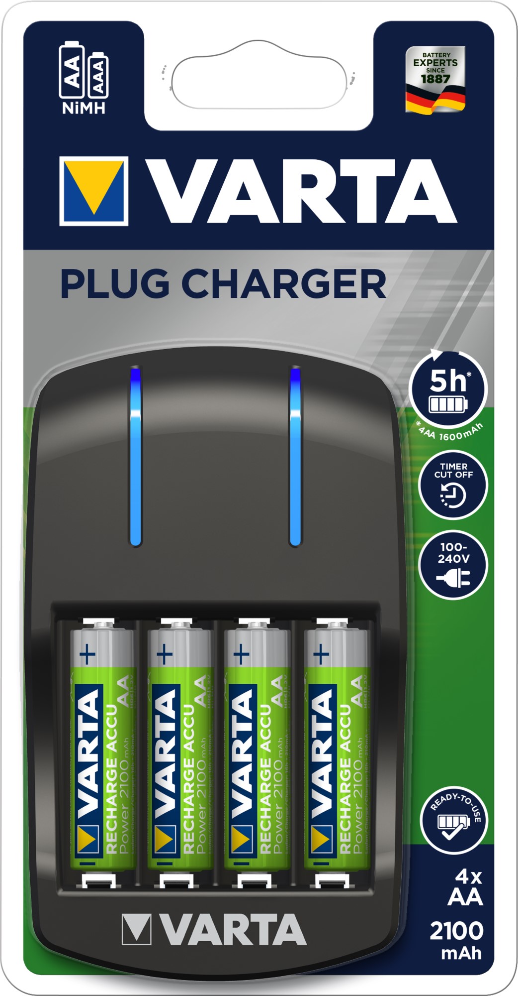 VARTA CHARGEUR plug 5h 4 canaux AAA/AA + AA x4 2100 mAh pré-chargés VARTA